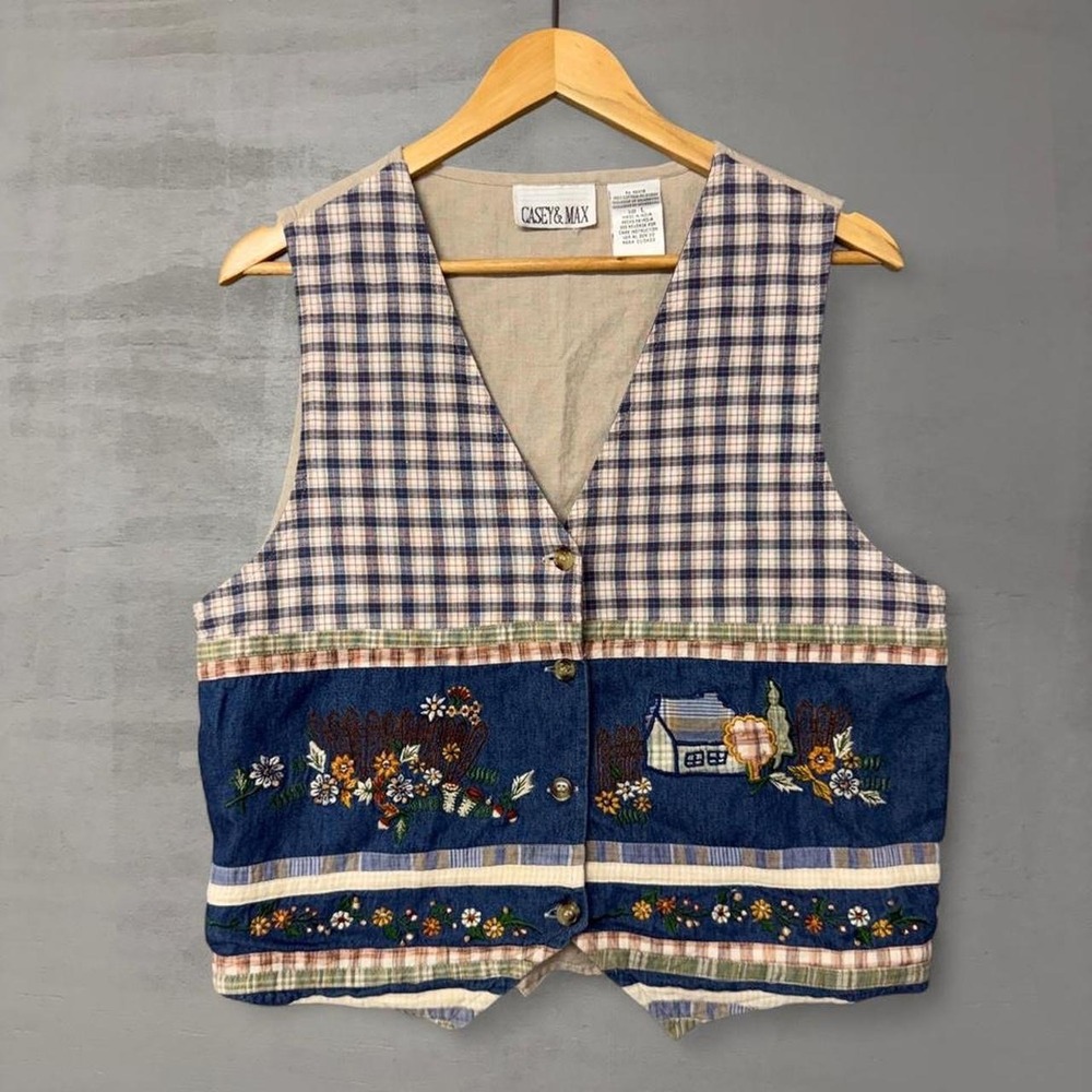 vintage Casey & Max Vest Blue Plaid Embroidered Floral House Cottagecore Large